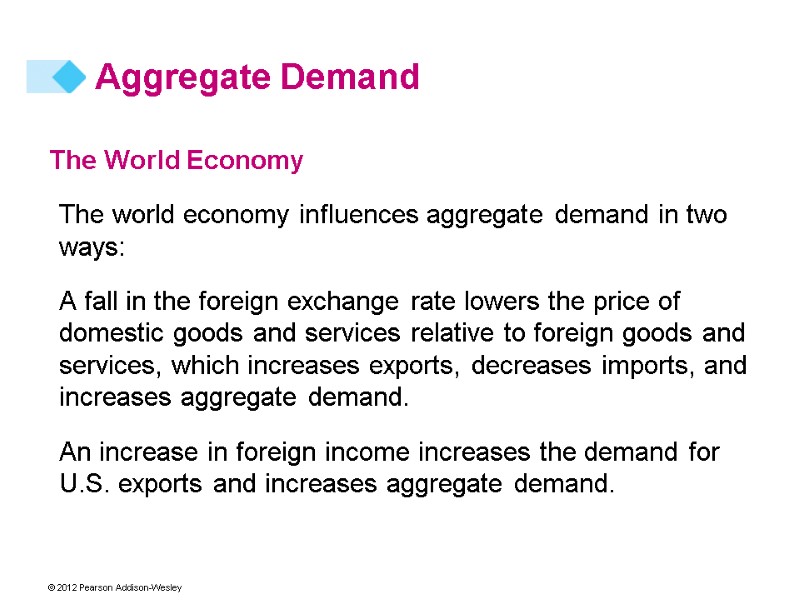 Aggregate Demand The World Economy The world economy influences aggregate demand in two ways: